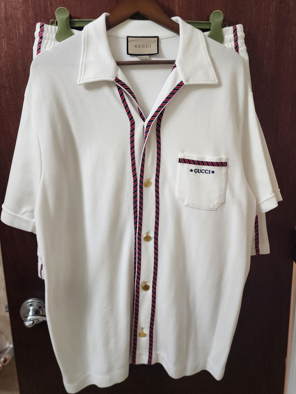 Gucci Men’s White Short-Sleeve Button Shirt and Matching Shorts with Stripe Trim